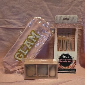 Makeup Brush Set with Pink 'GLAM' Pouch And Contour Sponge Set